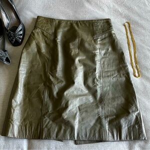 Perspective Green Leather Skirt, Olive Green Vintage Skirt, Dark Green Leather